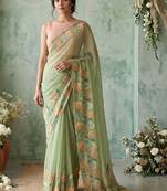 Sea green floral embroidered poly chiffon saree
