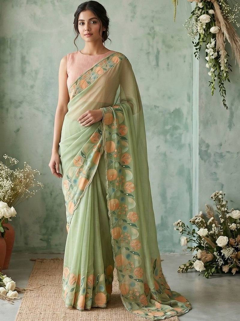 Sea green floral embroidered poly chiffon saree