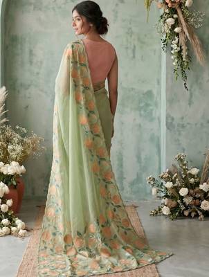 Sea green floral embroidered poly chiffon saree 2