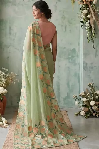 Sea green floral embroidered poly chiffon saree
