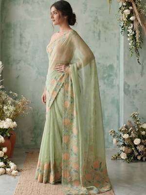 Sea green floral embroidered poly chiffon saree 3