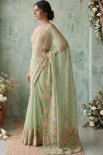 Sea green floral embroidered poly chiffon saree