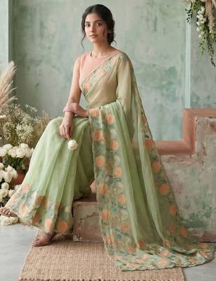Sea green floral embroidered poly chiffon saree 4