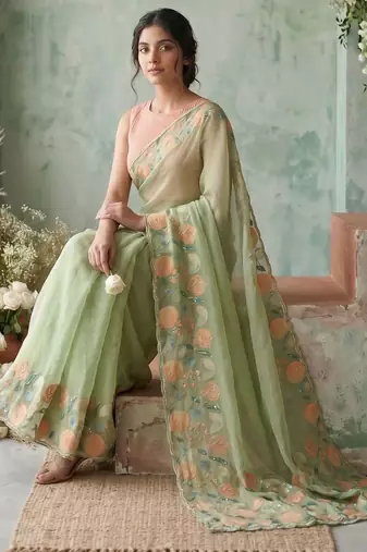 Sea green floral embroidered poly chiffon saree