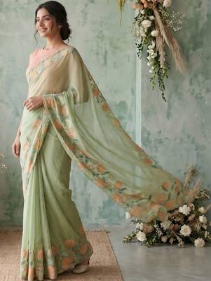 Sea green floral embroidered poly chiffon saree 5