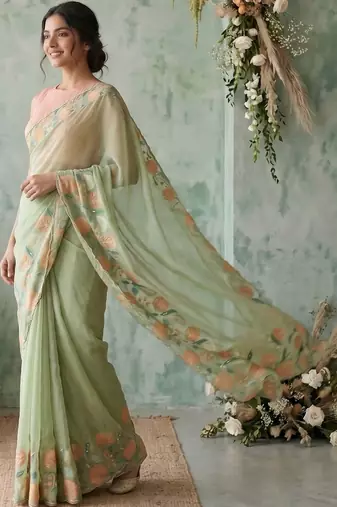 Sea green floral embroidered poly chiffon saree