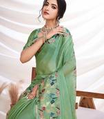 Green women aari work  chiffon saree