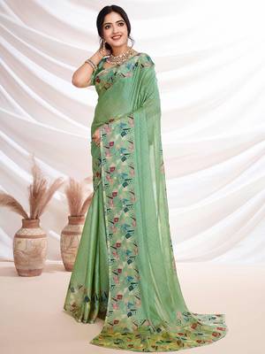Green women aari work  chiffon saree 2