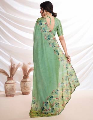 Green women aari work  chiffon saree 3