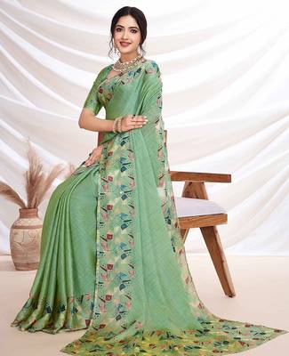 Green women aari work  chiffon saree 4