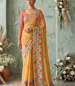 Yellow geometric printed zari saree