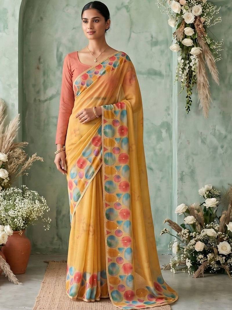 Yellow geometric printed zari saree