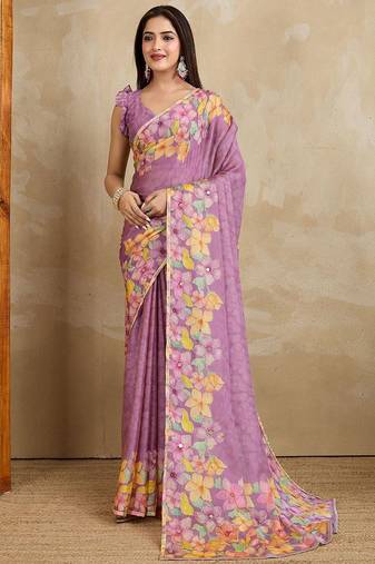 Lavender floral printed mirror work saree