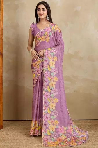 Lavender floral printed mirror work saree
