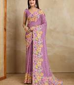 Lavender floral printed mirror work saree