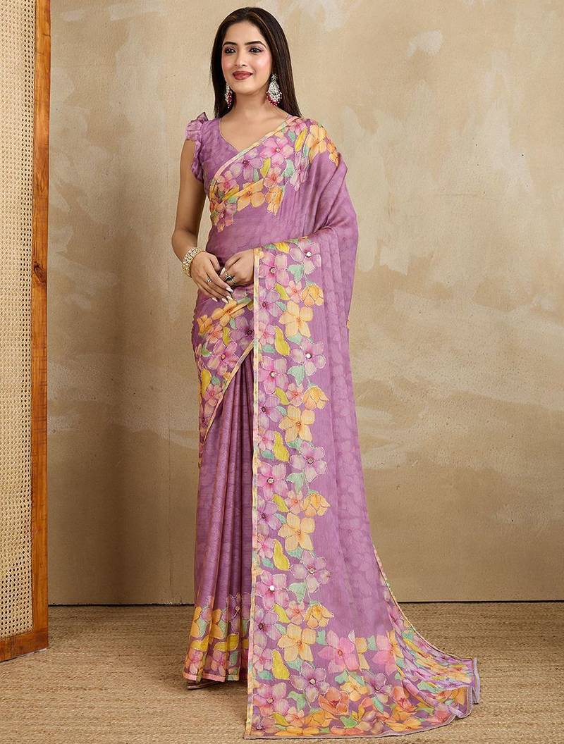 Lavender floral printed mirror work saree