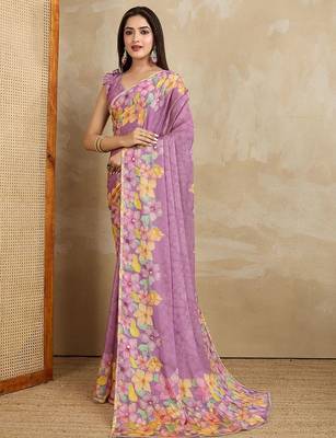 Lavender floral printed mirror work saree 2
