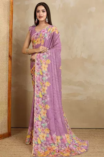 Lavender floral printed mirror work saree