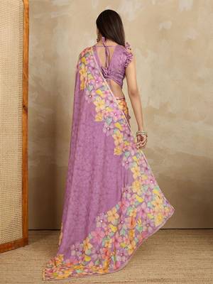 Lavender floral printed mirror work saree 3