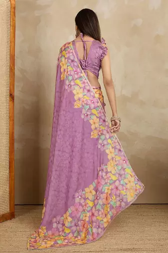 Lavender floral printed mirror work saree