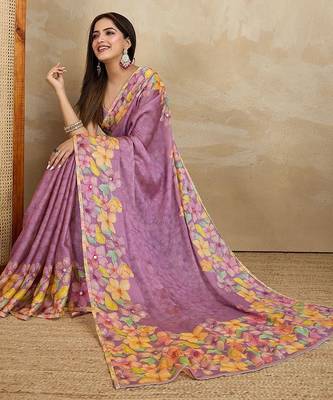 Lavender floral printed mirror work saree 4
