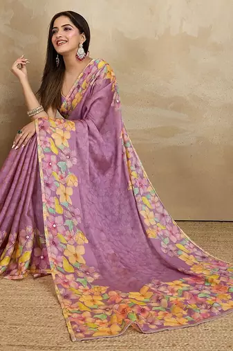 Lavender floral printed mirror work saree