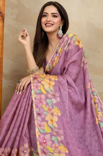 Lavender floral printed mirror work saree