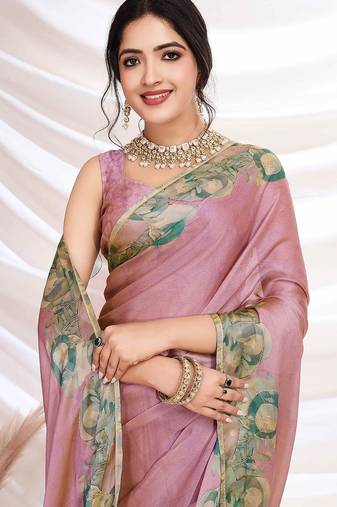 Pink aari work printed  chiffon saree