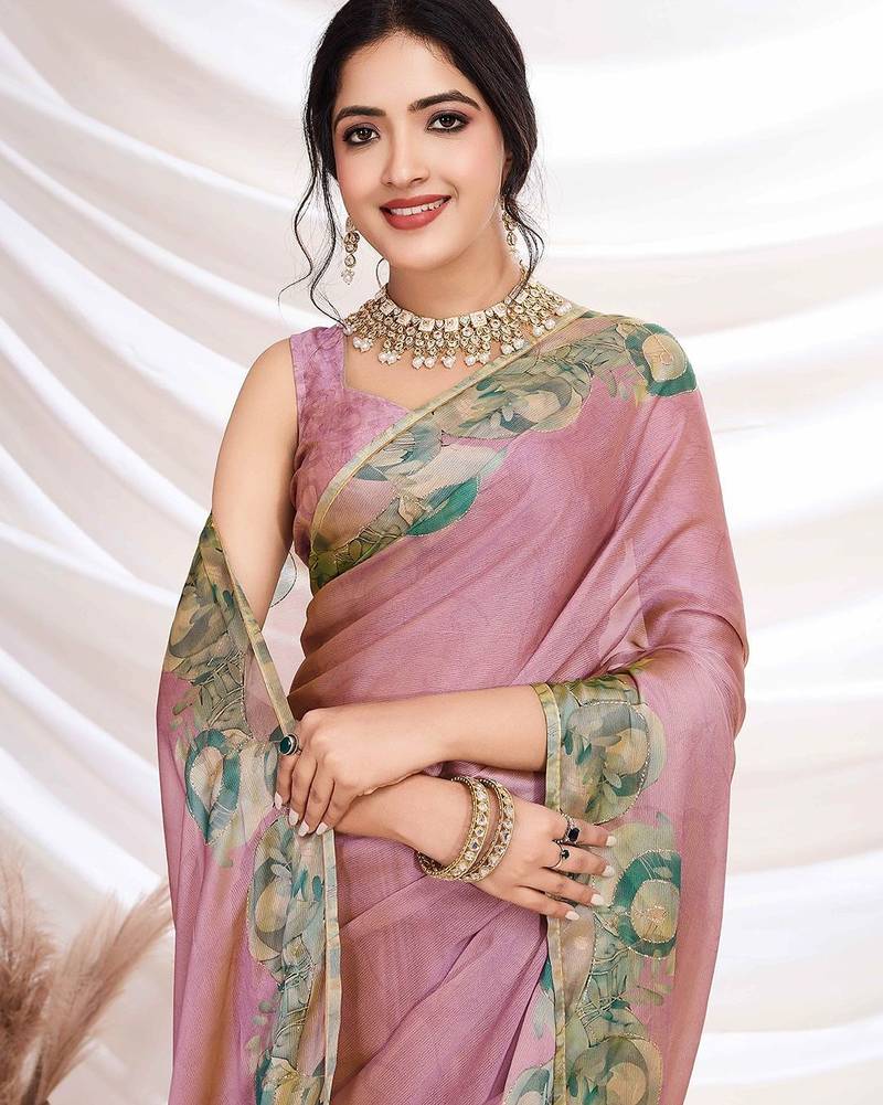 Pink aari work printed  chiffon saree