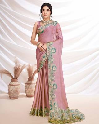 Pink aari work printed  chiffon saree 2