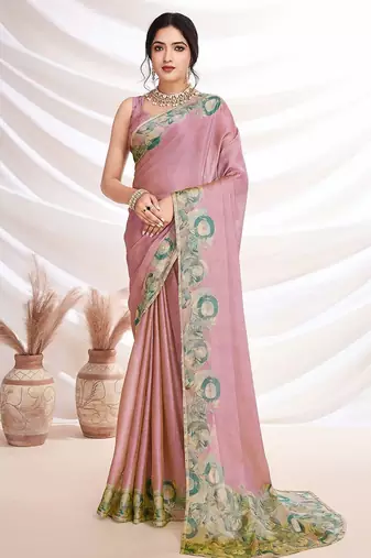 Pink aari work printed  chiffon saree