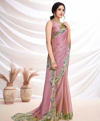 Pink aari work printed  chiffon saree 3