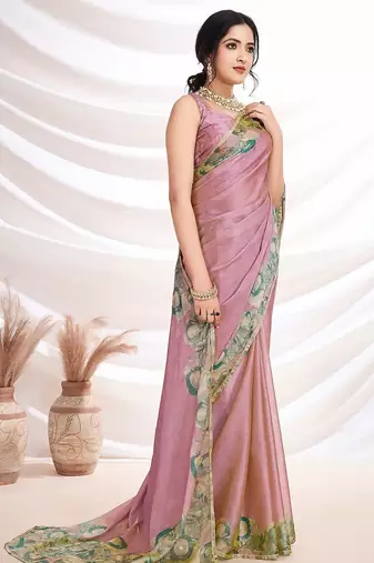Pink aari work printed  chiffon saree