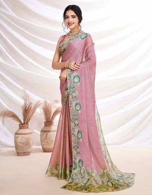 Pink aari work printed  chiffon saree 4
