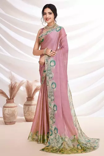 Pink aari work printed  chiffon saree