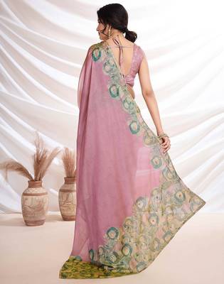 Pink aari work printed  chiffon saree 5