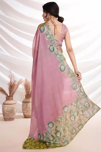 Pink aari work printed  chiffon saree