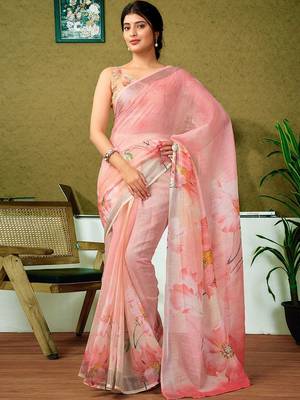 Pink floral zari  linen ready to wear saree 1