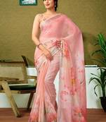Pink floral zari  linen ready to wear saree