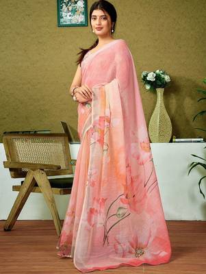 Pink floral zari  linen ready to wear saree 2
