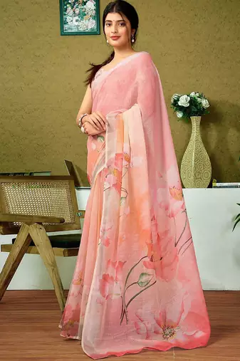 Pink floral zari  linen ready to wear saree