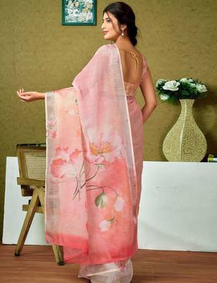Pink floral zari  linen ready to wear saree 3
