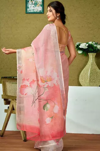 Pink floral zari  linen ready to wear saree