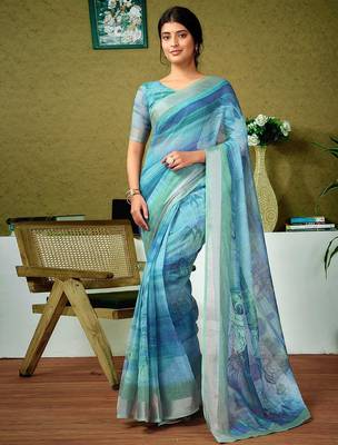 Blue tie and dye zari  linen ready to wear saree 1