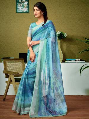 Blue tie and dye zari  linen ready to wear saree 2