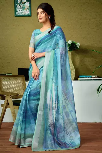 Blue tie and dye zari  linen ready to wear saree