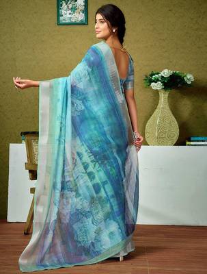 Blue tie and dye zari  linen ready to wear saree 3