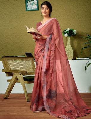 Brown floral zari  linen ready to wear saree 1