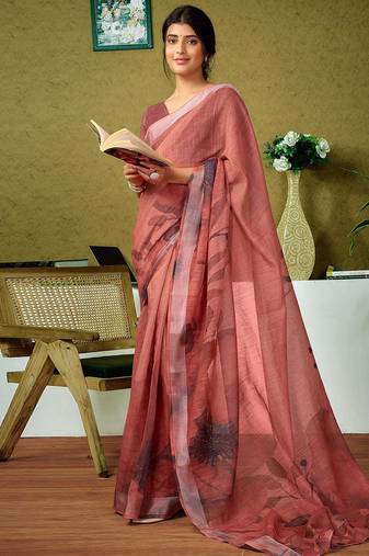 Brown floral zari  linen ready to wear saree