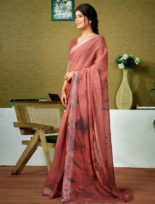 Brown floral zari  linen ready to wear saree 2